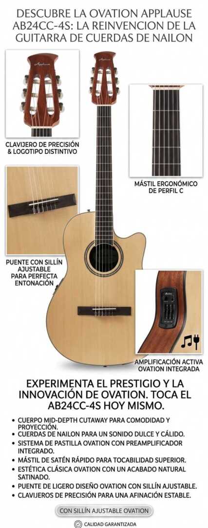 Guitarra Electroacústica de Cuerdas de Nylon, Serie Applause Traditional by Ovation (Color Natural) AB24CC-4S - Imagen 3
