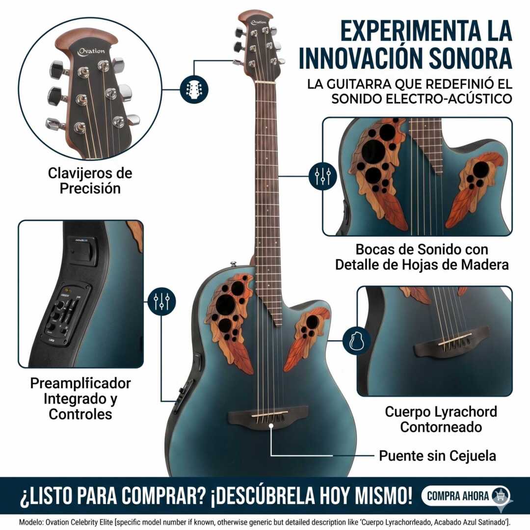 Guitarra Electroacústica Ovation - Serie Celebrity Elite - Modelo CE44-RBB-G Color: Reverse Blue Burst (¡NUEVO MODELO!) - Imagen 3