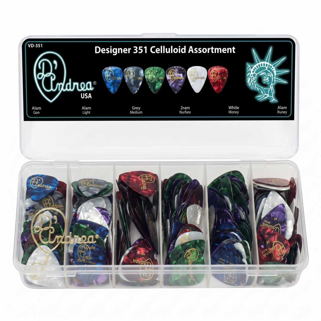 Caja con 432 Púas de Celuloide Diseño Aperlado, en Diferentes Colores y Calibres.