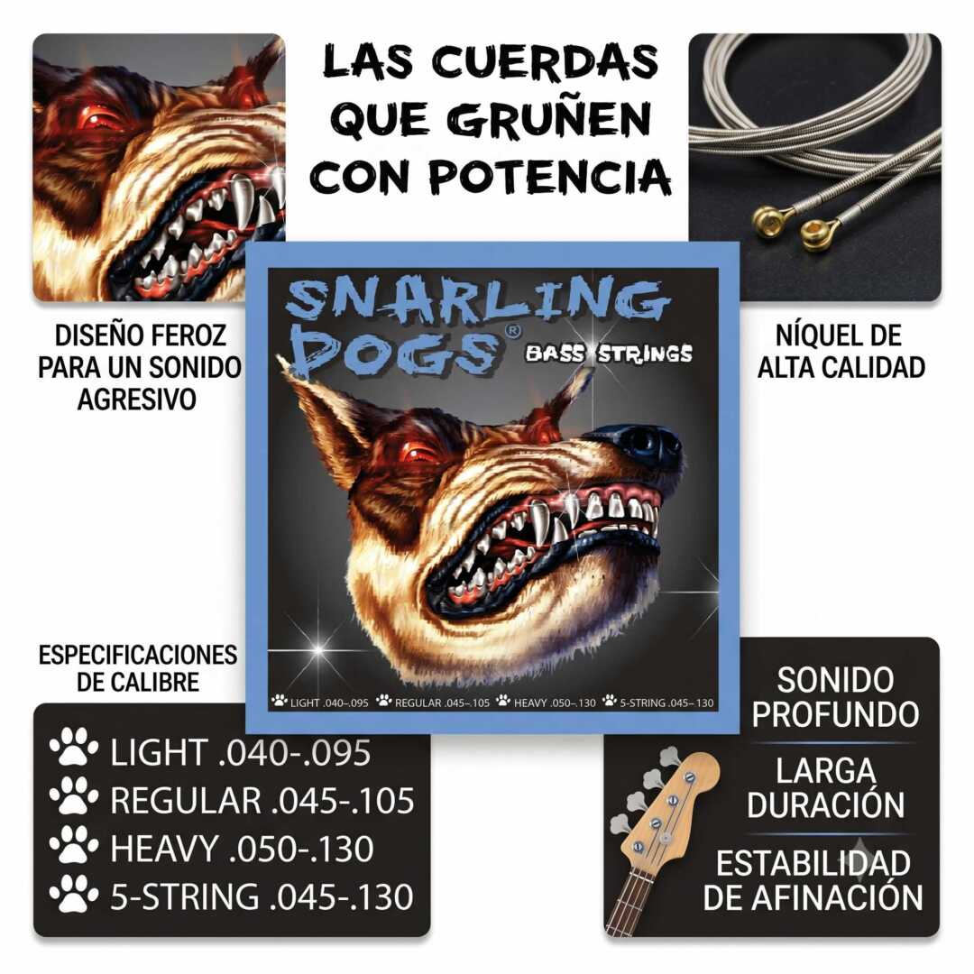 Juego de 4 Cuerdas de Metal Súper Durables para Bajo Eléctrico - Snarling Dogs